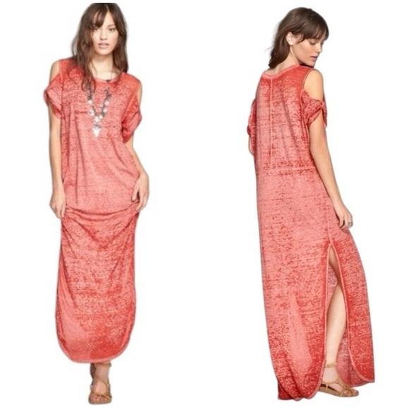 We The Free Coral Cold Shoulder Side Slits Relaxed Boho Maxi Dress Womens Size S - Picture 4 of 8